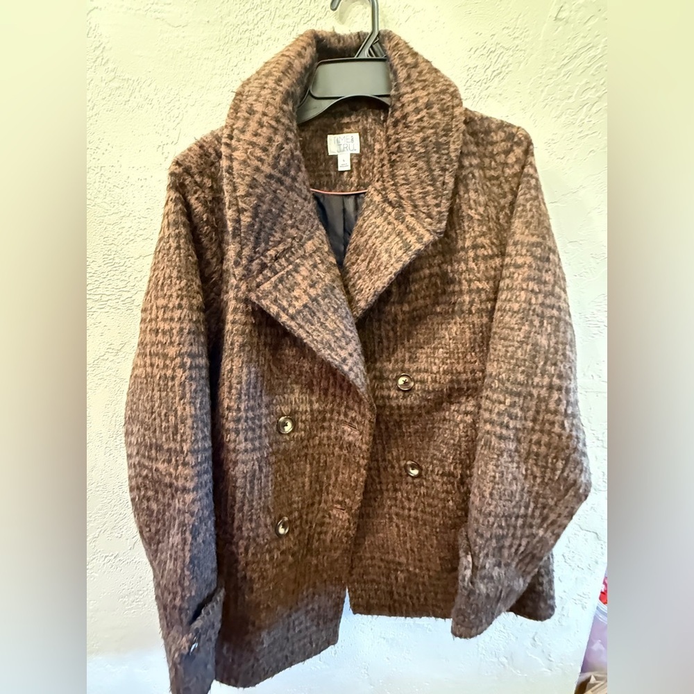 Wool Blend Double-Breasted Women's Coat Brown and Black Houndstooth Print Sz L